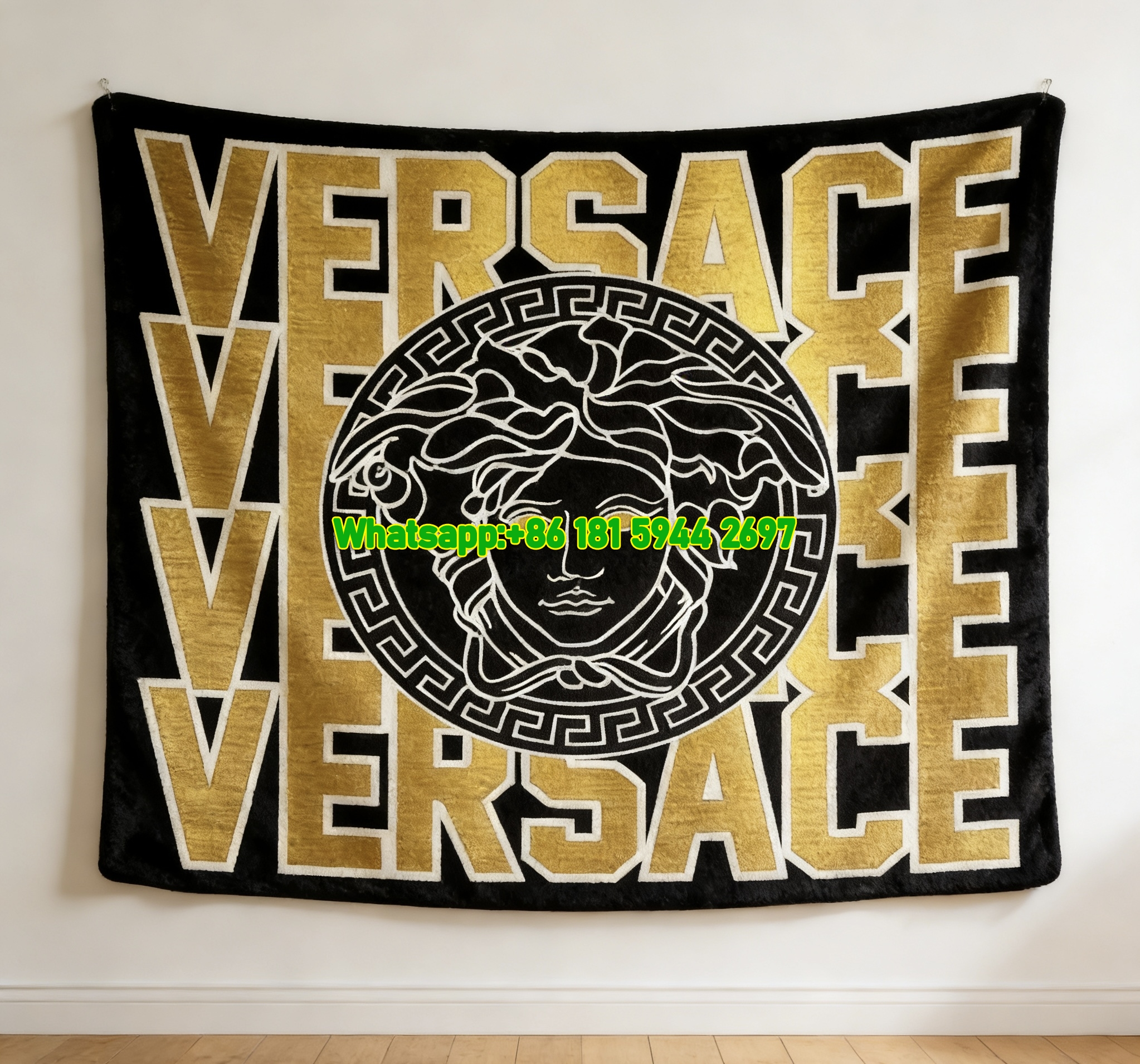 Versace Black Gold Medusa Greek Key Logo Print Flannel Sofa Throw Blanket IMG_1314